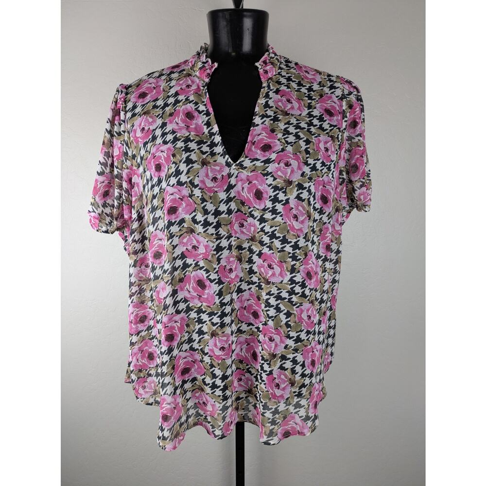 Torrid Pink Rose Herringbone Plaid Sheer Chiffon Short Sleeve Top